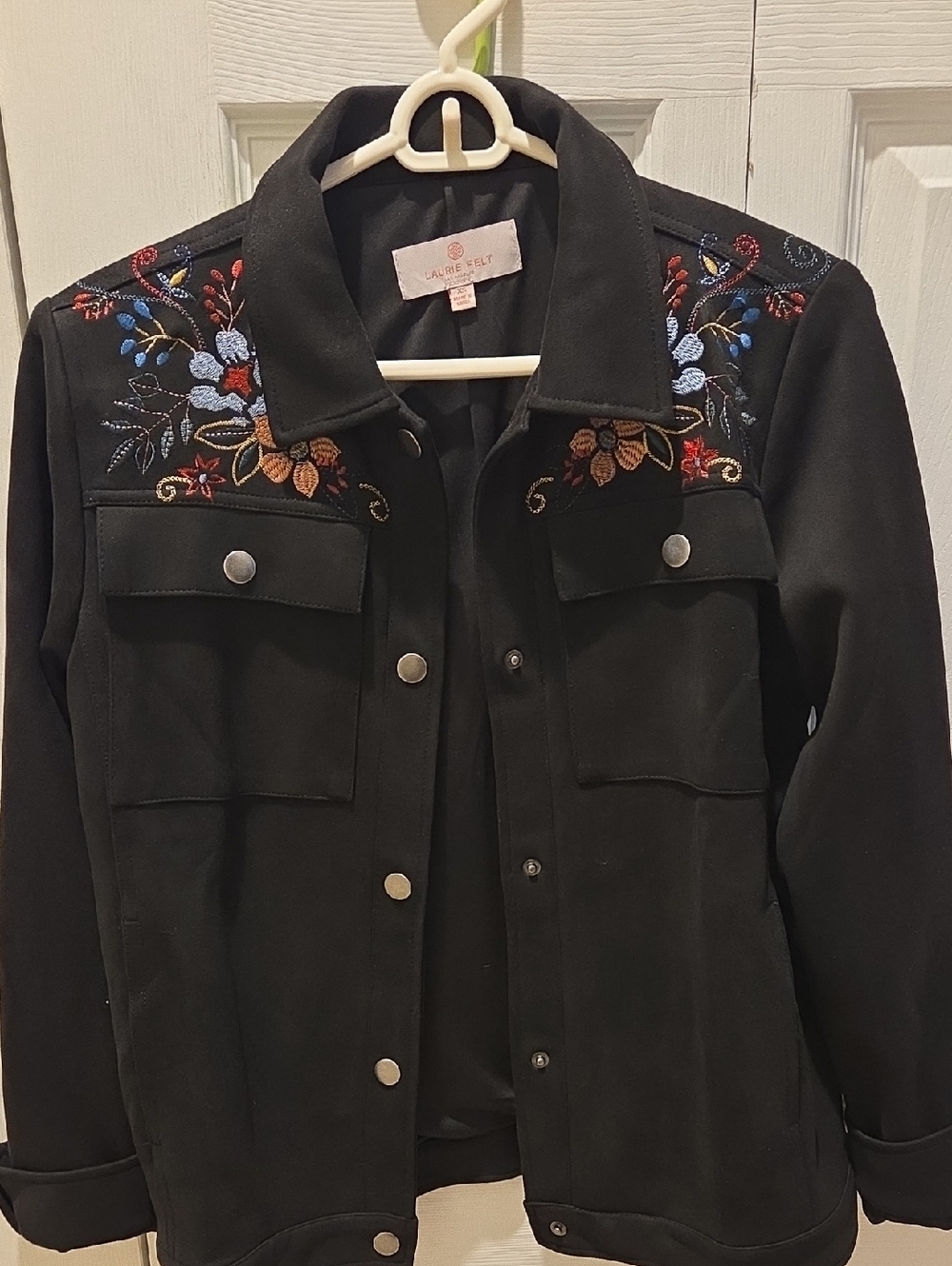 Laurie Felt Black Jean Jacket with Multicolor Floral Embroidery